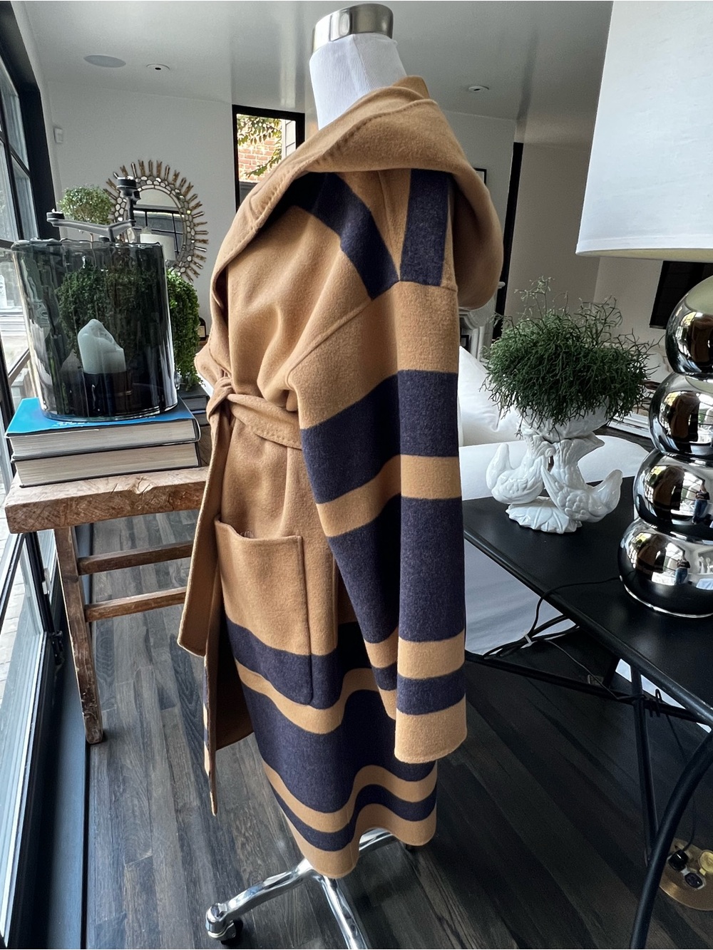 La Ligne Camel and Dark Navy  Striped Hooded Belted Wrap Coat Reversible  size S - Picture 2 of 11